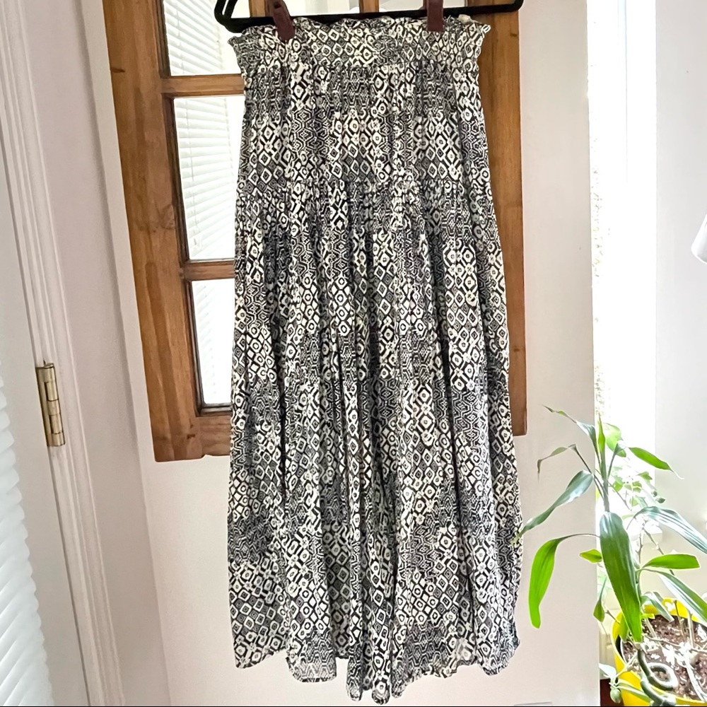 Reversible Floral/Aztec Navy, Beige/Black,White Elastic Smocked Waist Maxi Skirt